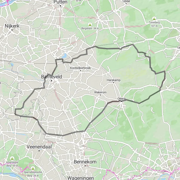 Miniatuurkaart van de fietsinspiratie "Barneveld en Otterlo route" in Gelderland, Netherlands. Gemaakt door de Tarmacs.app fietsrouteplanner