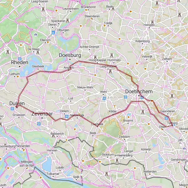 Miniatuurkaart van de fietsinspiratie "Door de groene bossen en charmante dorpjes van de Betuwe" in Gelderland, Netherlands. Gemaakt door de Tarmacs.app fietsrouteplanner