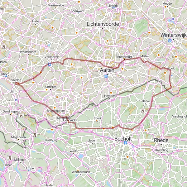 Miniatuurkaart van de fietsinspiratie "Gravelroute Varsseveld - Dinxperlo" in Gelderland, Netherlands. Gemaakt door de Tarmacs.app fietsrouteplanner