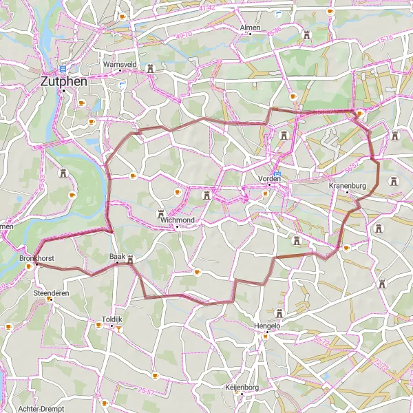 Map miniature of "Bronkhorst and Ons Belang Gravel Cycling Route" cycling inspiration in Gelderland, Netherlands. Generated by Tarmacs.app cycling route planner