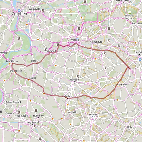 Map miniature of "Veldhoek and Wichmond Gravel Cycling Route" cycling inspiration in Gelderland, Netherlands. Generated by Tarmacs.app cycling route planner