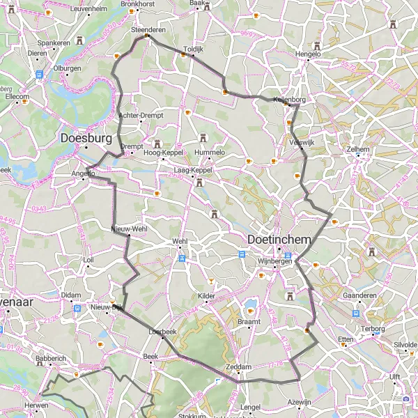 Map miniature of "Scenic Delights of Gelderland" cycling inspiration in Gelderland, Netherlands. Generated by Tarmacs.app cycling route planner