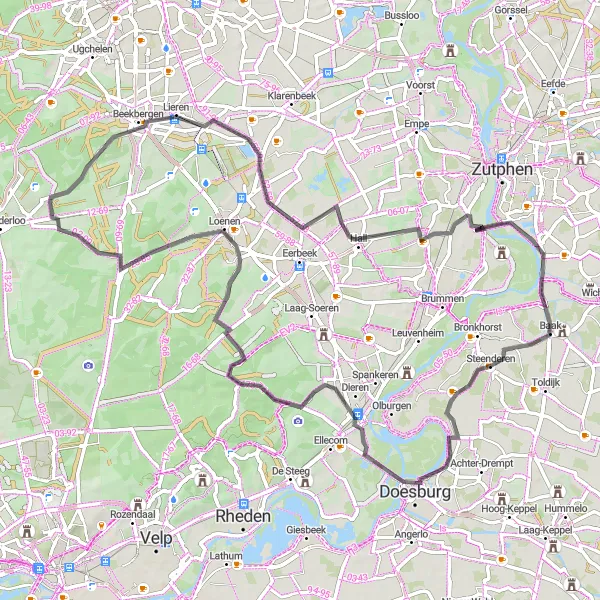 Map miniature of "Historical Cycling Tour of Gelderland" cycling inspiration in Gelderland, Netherlands. Generated by Tarmacs.app cycling route planner