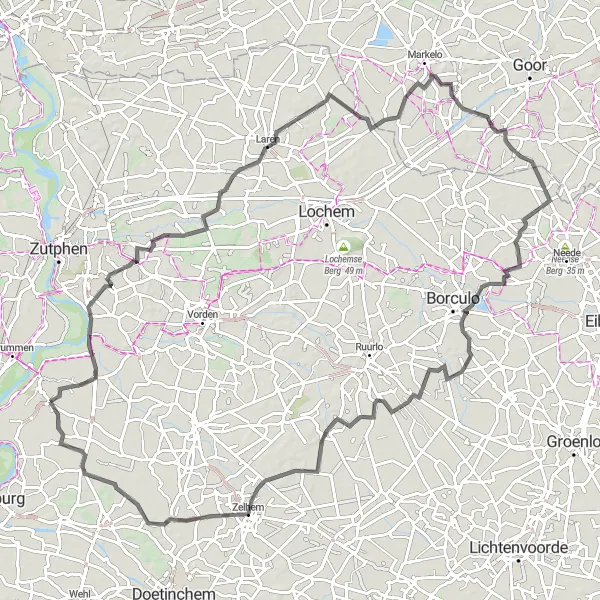 Map miniature of "The Hulpe and Enghuizen Road Cycling Route" cycling inspiration in Gelderland, Netherlands. Generated by Tarmacs.app cycling route planner