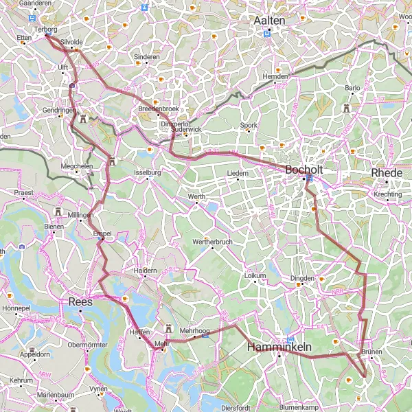 Map miniature of "Dinxperlo to Haus Hardenberg Gravel Route" cycling inspiration in Gelderland, Netherlands. Generated by Tarmacs.app cycling route planner