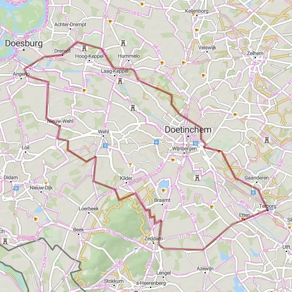 Map miniature of "Terborg to Gaanderen Gravel Route" cycling inspiration in Gelderland, Netherlands. Generated by Tarmacs.app cycling route planner
