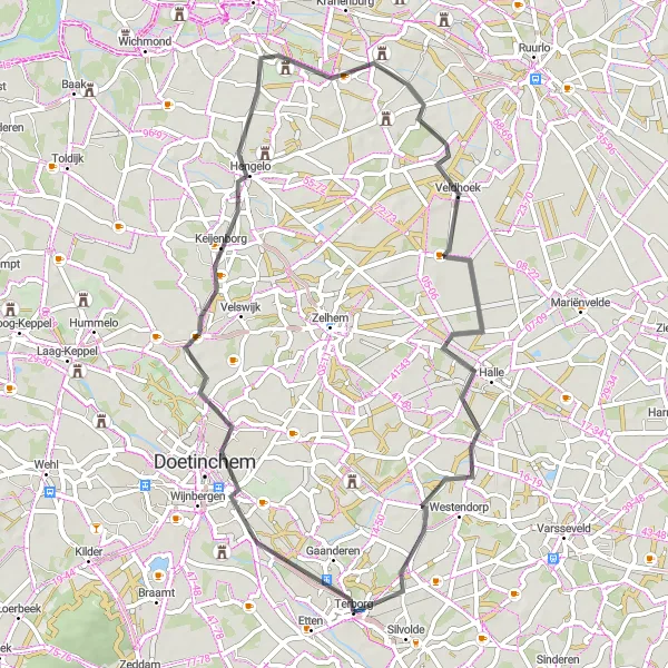 Miniatuurkaart van de fietsinspiratie "Wegtocht naar Hengelo en Halle" in Gelderland, Netherlands. Gemaakt door de Tarmacs.app fietsrouteplanner