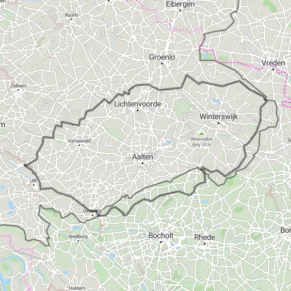 Map miniature of "Gelderland Delights" cycling inspiration in Gelderland, Netherlands. Generated by Tarmacs.app cycling route planner