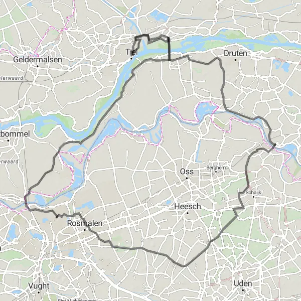 Map miniature of "Adventures in Tiel" cycling inspiration in Gelderland, Netherlands. Generated by Tarmacs.app cycling route planner