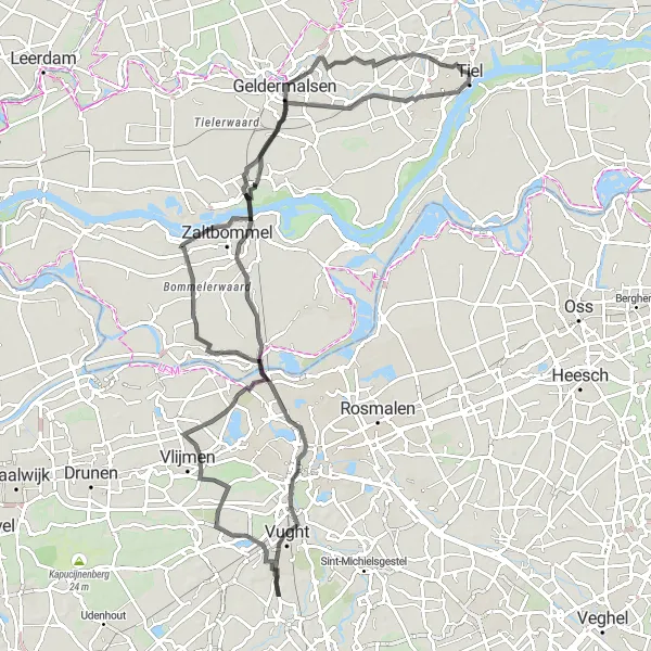 Map miniature of "Geldermalsen and Beyond" cycling inspiration in Gelderland, Netherlands. Generated by Tarmacs.app cycling route planner
