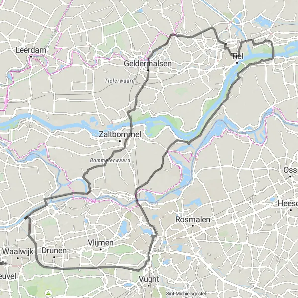 Map miniature of "Riverside Serenade" cycling inspiration in Gelderland, Netherlands. Generated by Tarmacs.app cycling route planner