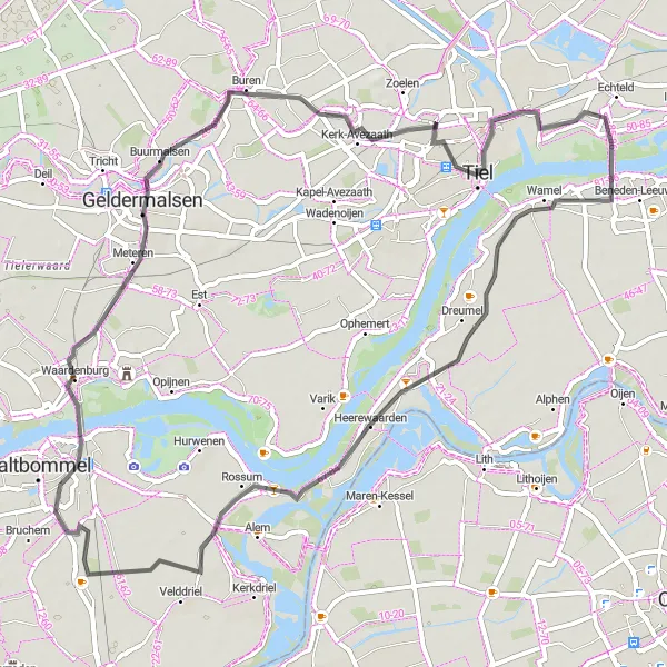 Map miniature of "Wamel and the Surrounded" cycling inspiration in Gelderland, Netherlands. Generated by Tarmacs.app cycling route planner