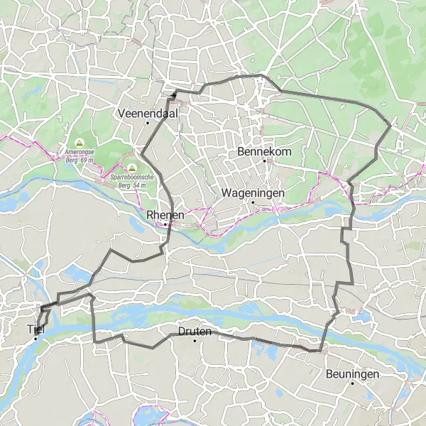 Map miniature of "Tiel to Beneden-Leeuwen Loop" cycling inspiration in Gelderland, Netherlands. Generated by Tarmacs.app cycling route planner