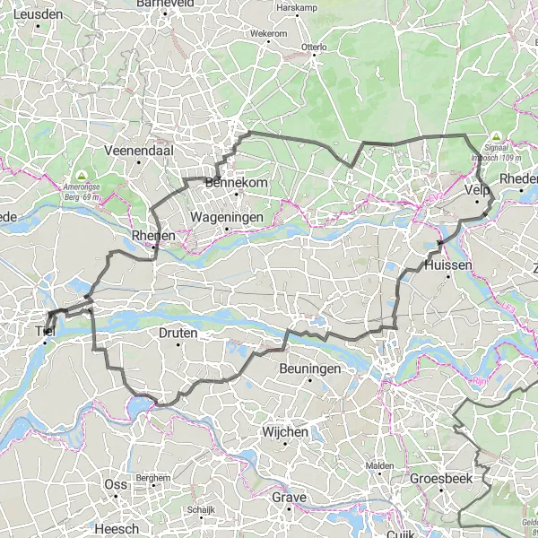 Map miniature of "Hidden Gems of Lienden" cycling inspiration in Gelderland, Netherlands. Generated by Tarmacs.app cycling route planner