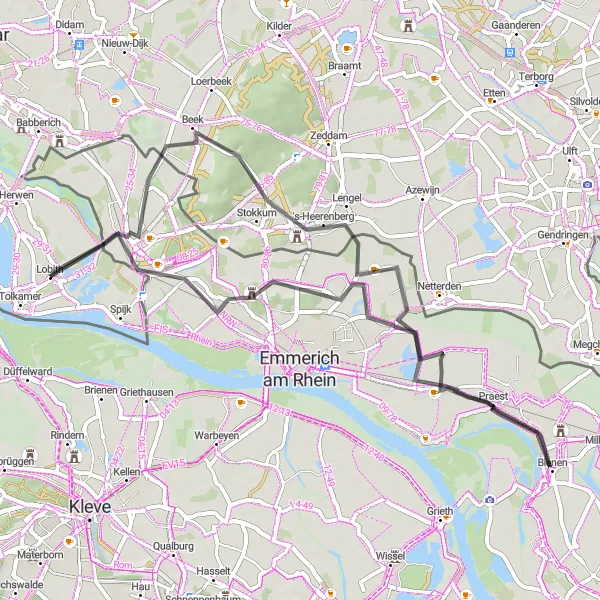 Miniatuurkaart van de fietsinspiratie "Fietstocht door de Rijnstrangen en Elten" in Gelderland, Netherlands. Gemaakt door de Tarmacs.app fietsrouteplanner