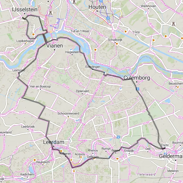 Miniatuurkaart van de fietsinspiratie "Rivierenland Fietsroute" in Gelderland, Netherlands. Gemaakt door de Tarmacs.app fietsrouteplanner