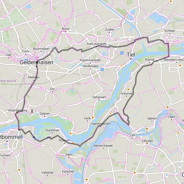 Map miniature of "Kerk-Avezaath to Geldermalsen" cycling inspiration in Gelderland, Netherlands. Generated by Tarmacs.app cycling route planner