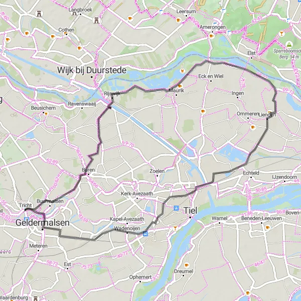 Map miniature of "Beautiful River Ride" cycling inspiration in Gelderland, Netherlands. Generated by Tarmacs.app cycling route planner