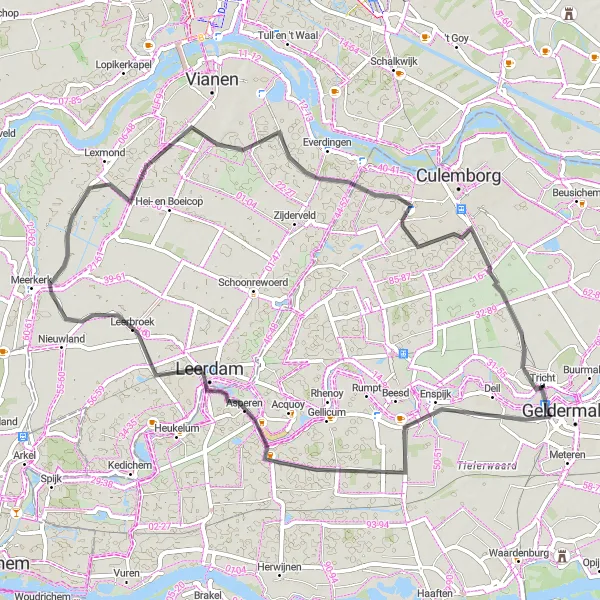 Miniatuurkaart van de fietsinspiratie "Rivieren en polders van Gelderland" in Gelderland, Netherlands. Gemaakt door de Tarmacs.app fietsrouteplanner