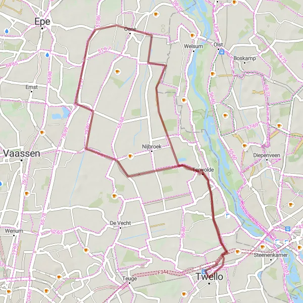 Map miniature of "Twello Gravel Cycling Route" cycling inspiration in Gelderland, Netherlands. Generated by Tarmacs.app cycling route planner