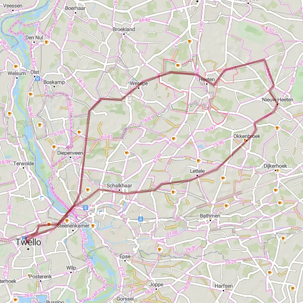 Miniatuurkaart van de fietsinspiratie "Avontuurlijke gravelroute door Salland" in Gelderland, Netherlands. Gemaakt door de Tarmacs.app fietsrouteplanner