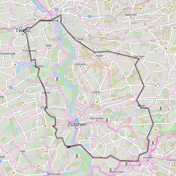 Miniatuurkaart van de fietsinspiratie "Deventer to Bussloo via Harfsen" in Gelderland, Netherlands. Gemaakt door de Tarmacs.app fietsrouteplanner