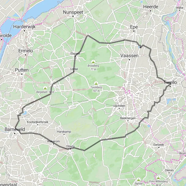 Map miniature of "Twello to Oosterhuizen Loop" cycling inspiration in Gelderland, Netherlands. Generated by Tarmacs.app cycling route planner