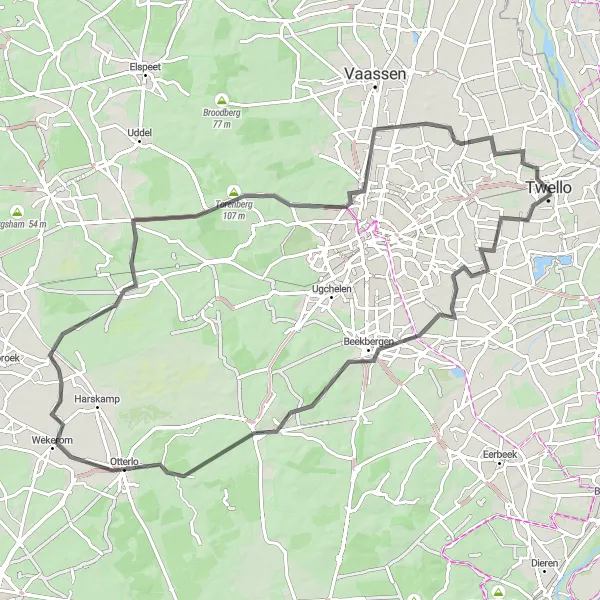 Map miniature of "The Royal Retreat Loop" cycling inspiration in Gelderland, Netherlands. Generated by Tarmacs.app cycling route planner
