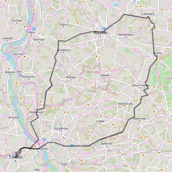 Map miniature of "Twello to Raalte Discovery" cycling inspiration in Gelderland, Netherlands. Generated by Tarmacs.app cycling route planner