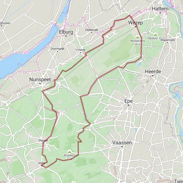 Map miniature of "Uddel Gravel Loop" cycling inspiration in Gelderland, Netherlands. Generated by Tarmacs.app cycling route planner