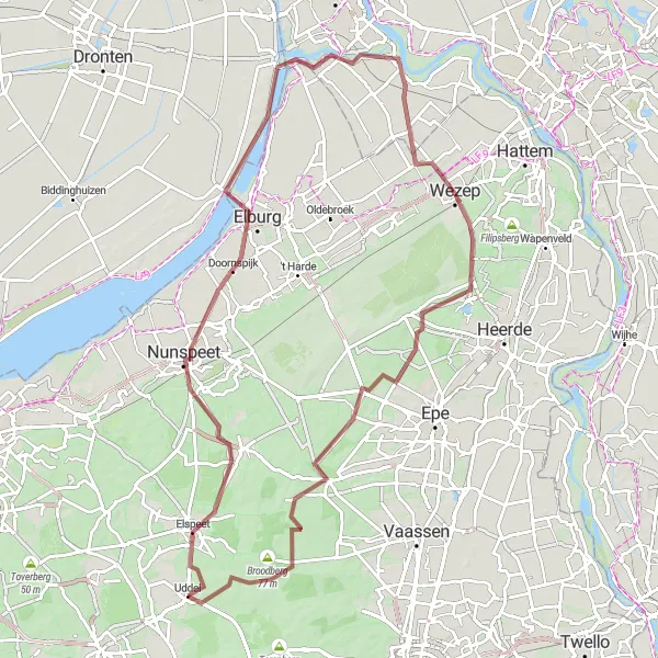 Miniatuurkaart van de fietsinspiratie "Gravelroute Veluwemeer en Wezep" in Gelderland, Netherlands. Gemaakt door de Tarmacs.app fietsrouteplanner