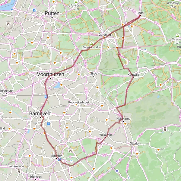 Map miniature of "Kootwijk Gravel Adventure" cycling inspiration in Gelderland, Netherlands. Generated by Tarmacs.app cycling route planner