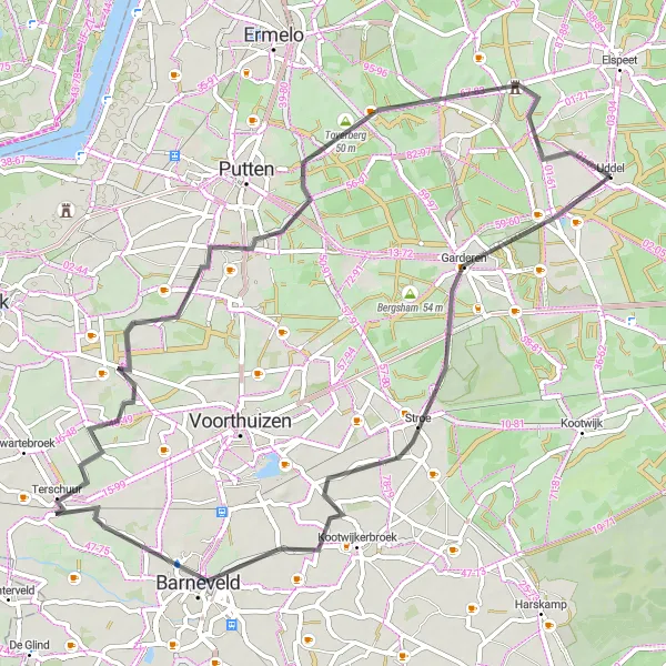 Map miniature of "Uddel Loop" cycling inspiration in Gelderland, Netherlands. Generated by Tarmacs.app cycling route planner