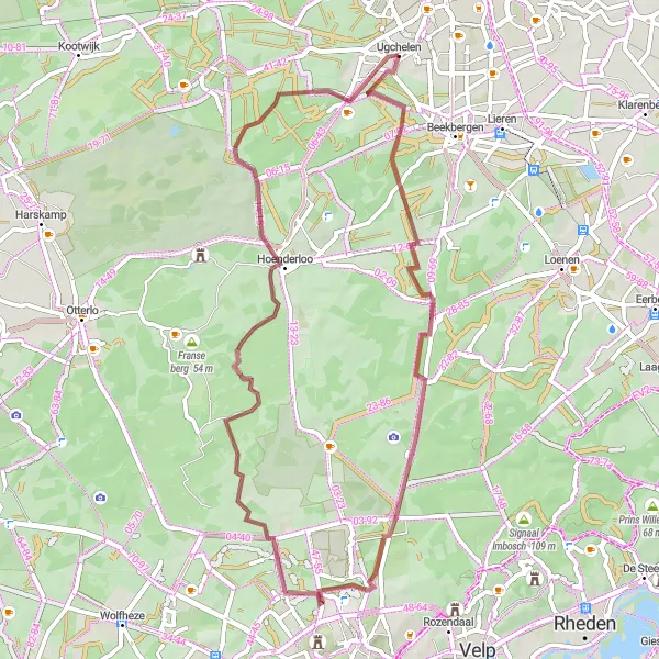 Miniatuurkaart van de fietsinspiratie "Gravelroute Ugchelen - Hoenderloo II" in Gelderland, Netherlands. Gemaakt door de Tarmacs.app fietsrouteplanner