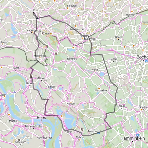 Miniatuurkaart van de fietsinspiratie "Fietsroute naar Dinxperlo en Rees" in Gelderland, Netherlands. Gemaakt door de Tarmacs.app fietsrouteplanner