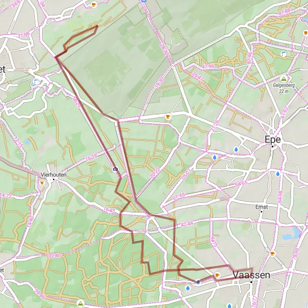 Map miniature of "Vaassen Gravel Adventure" cycling inspiration in Gelderland, Netherlands. Generated by Tarmacs.app cycling route planner