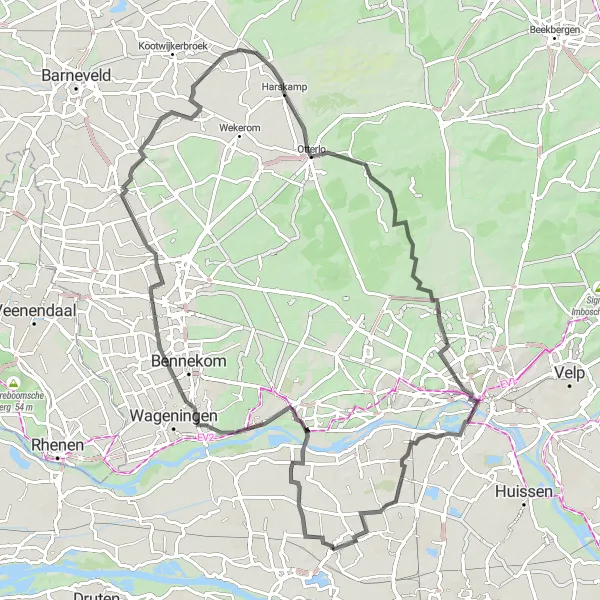 Map miniature of "Cycling Tour Through Wageningen and Arnhem" cycling inspiration in Gelderland, Netherlands. Generated by Tarmacs.app cycling route planner