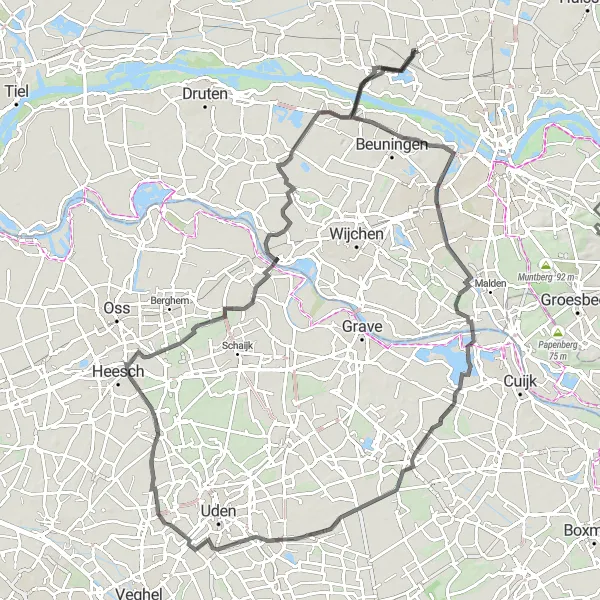 Miniatuurkaart van de fietsinspiratie "Rondje Maas en Waal" in Gelderland, Netherlands. Gemaakt door de Tarmacs.app fietsrouteplanner