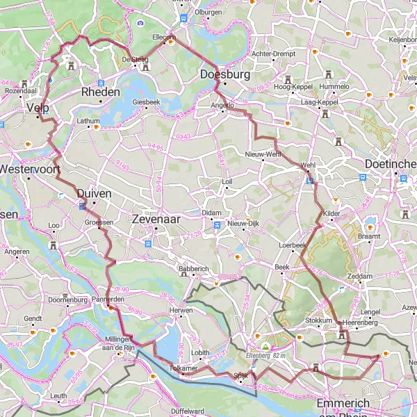 Map miniature of "Gravel and Castles" cycling inspiration in Gelderland, Netherlands. Generated by Tarmacs.app cycling route planner