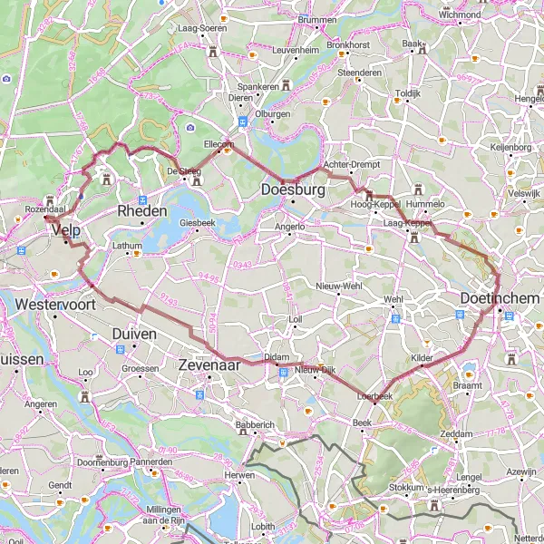 Map miniature of "Rural Landscapes and Historic Sites" cycling inspiration in Gelderland, Netherlands. Generated by Tarmacs.app cycling route planner