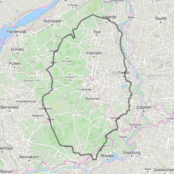 Miniatuurkaart van de fietsinspiratie "Heuvelachtige Route via De Waterberg en Bakhuisbos" in Gelderland, Netherlands. Gemaakt door de Tarmacs.app fietsrouteplanner