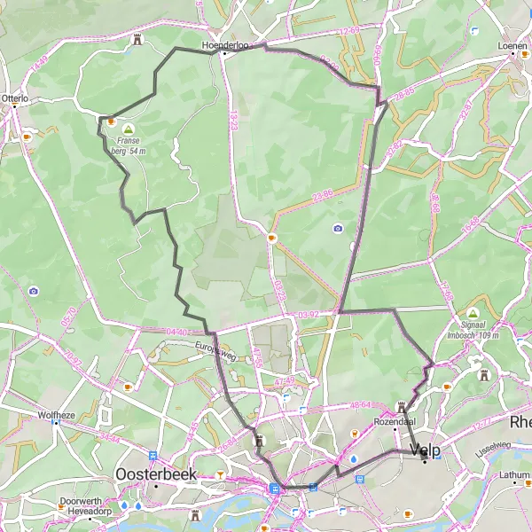 Map miniature of "Velp Belvedère Loop" cycling inspiration in Gelderland, Netherlands. Generated by Tarmacs.app cycling route planner