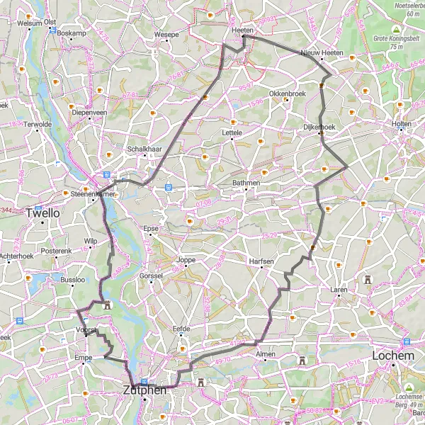 Map miniature of "Hidden Gems of Gelderland" cycling inspiration in Gelderland, Netherlands. Generated by Tarmacs.app cycling route planner