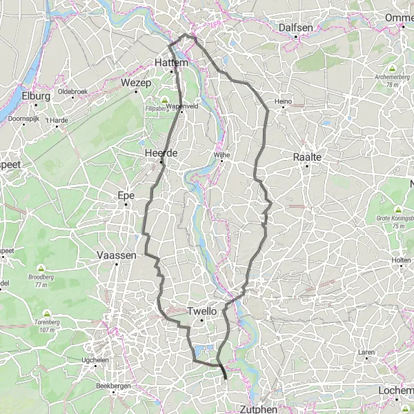 Map miniature of "Riverside and Beyond" cycling inspiration in Gelderland, Netherlands. Generated by Tarmacs.app cycling route planner