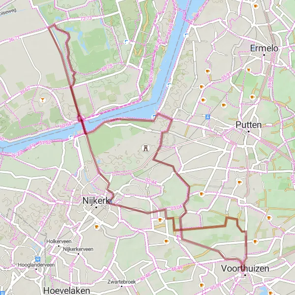 Miniatuurkaart van de fietsinspiratie "Gravelroute Voorthuizen - 't Woud" in Gelderland, Netherlands. Gemaakt door de Tarmacs.app fietsrouteplanner