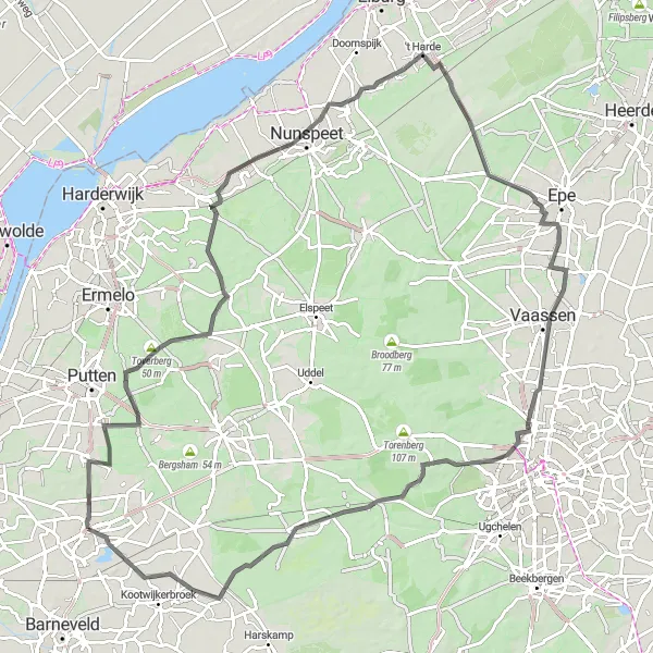 Map miniature of "Cultural Wonders of Gelderland" cycling inspiration in Gelderland, Netherlands. Generated by Tarmacs.app cycling route planner