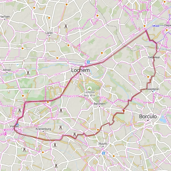 Miniatuurkaart van de fietsinspiratie "Gravelroute Vorden - Lochem" in Gelderland, Netherlands. Gemaakt door de Tarmacs.app fietsrouteplanner