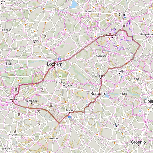 Map miniature of "Wonderful Countryside Ride in Gelderland" cycling inspiration in Gelderland, Netherlands. Generated by Tarmacs.app cycling route planner