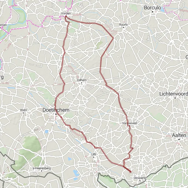 Miniatuurkaart van de fietsinspiratie "Gravelroute Vorden - Doetinchem" in Gelderland, Netherlands. Gemaakt door de Tarmacs.app fietsrouteplanner