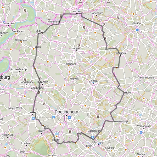 Map miniature of "Countryside road adventure near Vorden" cycling inspiration in Gelderland, Netherlands. Generated by Tarmacs.app cycling route planner